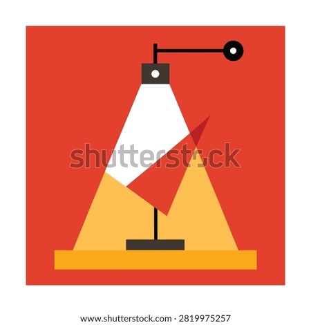 Geometric of a desk lamp casting a light beam on a red background, with abstract shapes, and lines