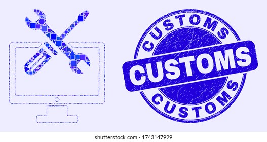 Geometric desktop options mosaic pictogram and Customs seal stamp. Blue vector round scratched seal stamp with Customs caption. Abstract concept of desktop options created of circle, tringle,