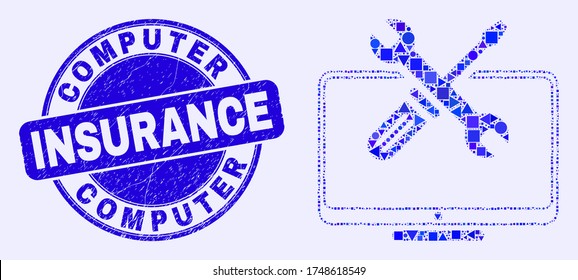 Geometric desktop tools mosaic pictogram and Computer Insurance seal. Blue vector rounded scratched seal stamp with Computer Insurance title. Abstract mosaic of desktop tools combined of spheric,