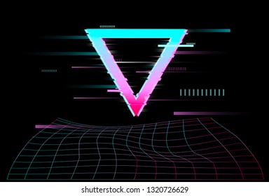 Geometric  detail in synthwave style with Neon laser grid. Futuristic . Glitch effect. Vhs. retro. Vaporwave.  Vector illustration design 