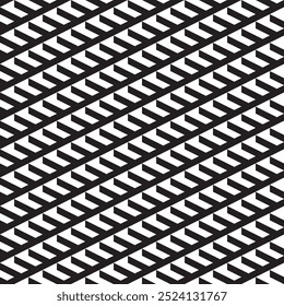 Geometric diagonal dimensional block black and white striped lines vector square seamless pattern or texture.
