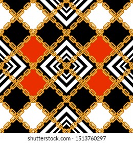 Geometric Diagonal Print. Seamless vector pattern with golden chains and white, black and red checks. Template for cards, figt wrappings and textile design.