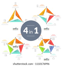 Geometric diagram divided into bright colored lettered parts, thin line symbols and text boxes. Concept of business data visualization. Minimalist infographic design template. Vector illustration.