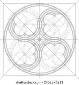 Geometric diagram drawing Gothic window. vector silhouettes of cathedral round gothic windows. Forging or stained glass.