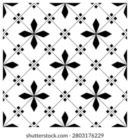 Geometric Diamond and Cross Grid Seamless Pattern Black and White