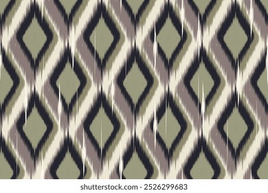 Geometric Diamond Ikat Seamless Pattern with Olive Green, Taupe, and Beige Colors, Perfect for Home Decor, Fashion Textiles, Ethnic Fabric, Upholstery, Wallpaper, and Contemporary Interior Design