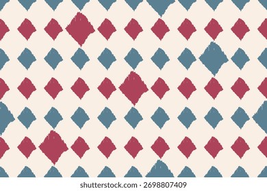 Padrão sem emenda de ikat de diamante geométrico em tons vermelhos e azuis no fundo bege. Design têxtil étnico moderno inspirado na tecelagem tradicional, perfeito para impressões de tecido, papel de parede e moda