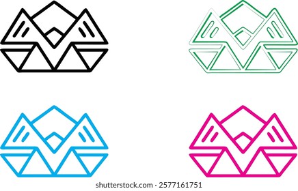 Geometric diamond logo, abstract tribal symbol, interlocking triangles, modern minimalist design, angular shapes, symmetrical pattern, colorful variations, black cyan magenta green, clean lines, futur