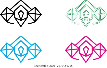 Geometric diamond logo, abstract tribal symbol, interlocking triangles, modern minimalist design, angular shapes, symmetrical pattern, colorful variations, black cyan magenta green, clean lines, futur