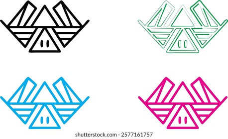 Geometric diamond logo, abstract tribal symbol, interlocking triangles, modern minimalist design, angular shapes, symmetrical pattern, colorful variations, black cyan magenta green, clean lines, futur