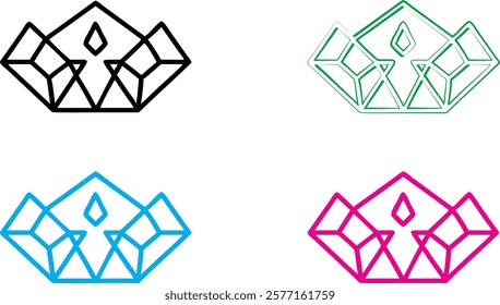 Geometric diamond logo, abstract tribal symbol, interlocking triangles, modern minimalist design, angular shapes, symmetrical pattern, colorful variations, black cyan magenta green, clean lines, futur