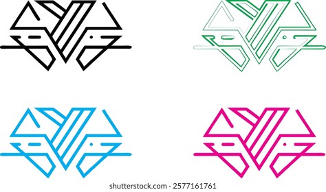 Geometric diamond logo, abstract tribal symbol, interlocking triangles, modern minimalist design, angular shapes, symmetrical pattern, colorful variations, black cyan magenta green, clean lines, futur