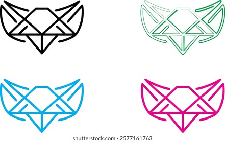 Geometric diamond logo, abstract tribal symbol, interlocking triangles, modern minimalist design, angular shapes, symmetrical pattern, colorful variations, black cyan magenta green, clean lines, futur