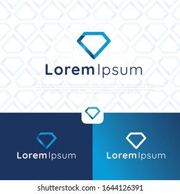 Identidad vectorial del logotipo de diamante geométrico. Con colores azules, variación negativa y monocromática y propuesta de fondo. 