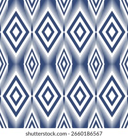 Geometric diamond pattern featuring interlocking shapes and zig zag elements in blue and white geometric ethnic pattern
