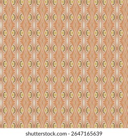 Geometric diamond pattern with golden accents and symmetrical eye-like details over a soft peach background. Great for luxury designs and elegant decor.