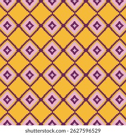 Geometric diamond pattern in pink and purple on a bright yellow background, inspired by African textile design elements. Vector art