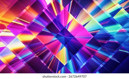 Padrão de prisma de diamante geométrico com linhas de espectro de radiação. A luz passa através do vidro fractal estruturado e refratada em muitas cores. Feixes se estendem a partir do meio combina geometria e clareza