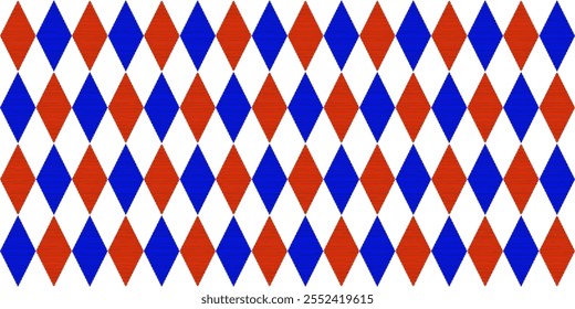 Patrón geométrico sin fisuras de diamante con textura de tira negra en color rojo y azul. Estampados de tela de moda. Ilustración vectorial