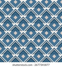 Geometric Diamond Shape Retro Seamless Pattern In Blue and Beige