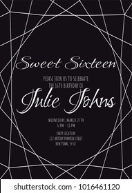 Geometric diamond shape for wedding or birthday invitation on dark background. Vector template.