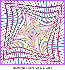 Geometric diamond spiral. Colorful neon pattern. Abstract vector grid. Radiant square lines.