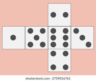 Geometric dice net vector illustration, unfolded cube template with pips, educational math diagram for probability and gaming isolated on Transparent Background