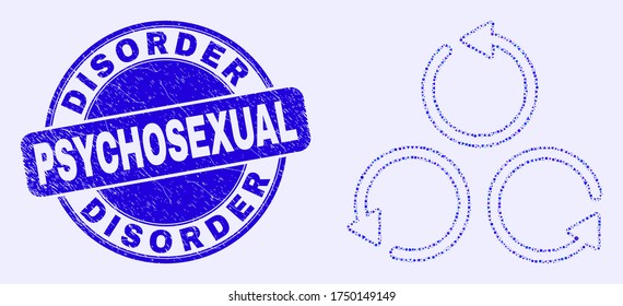 Geometric different rotation mosaic icon and Disorder Psychosexual stamp. Blue vector round scratched stamp with Disorder Psychosexual phrase. Abstract concept of different rotation combined of round,