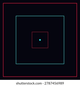 A geometric digital artwork featuring nested neon red and cyan square frames leading to a singular glowing blue central point.