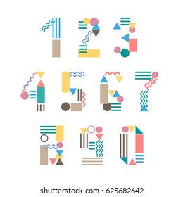 Geometric digits, 80s style numbers, vector digit set. Colorful vector figures, 0-9 characters.