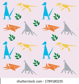 Geometric dinosaur pattern with T-Rex, Velociraptor, Pterodactyl, and Brachiosaurus in a pink background with leaves for T-shirts, textiles, wrapping paper and web design.