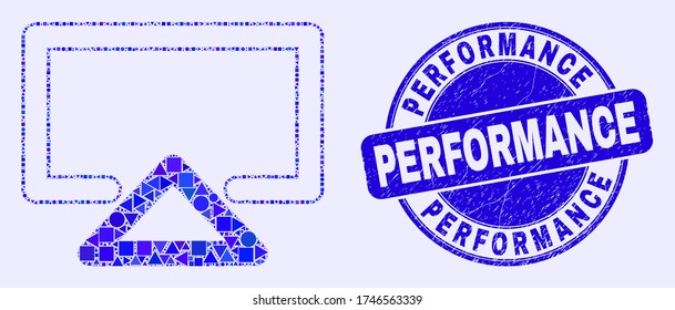 Geometric display mosaic icon and Performance watermark. Blue vector round textured watermark with Performance title. Abstract mosaic of display constructed of round, triangles,