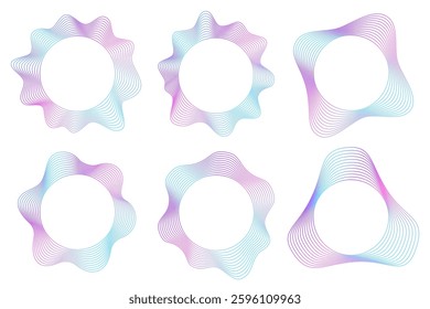 Geometric distortion circles set, colored wavy curve design, round sound wave frames, futuristic style wave element collection, radial curvy shapes, doodle distorted concentric rings, simple design