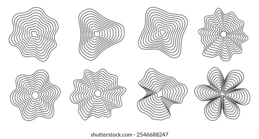 Conjunto de círculos de distorsión geométrica, diseño de curva ondulada, colección de elementos de onda de estilo futurista, anillos distorsionados doodle, diseño simple