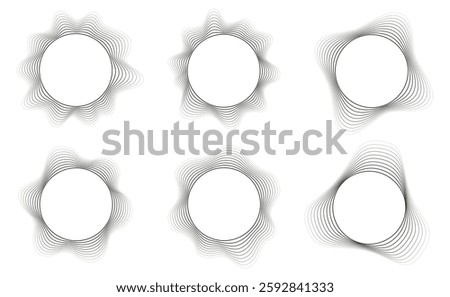 Geometric distortion circles set, wavy curve design, round sound wave frames, futuristic style wave element collection, radial curvy shapes, doodle distorted concentric rings, simple design