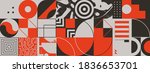Geometric distress aesthetics in abstract pattern design. Brutalism inspired vector graphics collage made with simple geometric shapes and grunge texture, useful for poster art and digital prints.