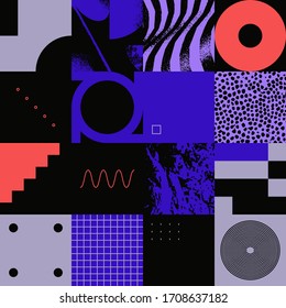 Geometric distress aesthetics in abstract pattern design. Brutalism inspired vector graphics collage made with simple geometric shapes and grunge texture, useful for poster art and digital prints.