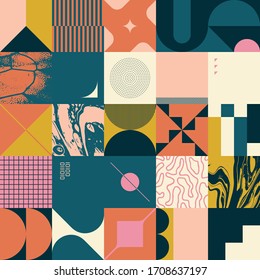 Geometric distress aesthetics in abstract pattern design. Brutalism inspired vector graphics collage made with simple geometric shapes and grunge texture, useful for poster art and digital prints.