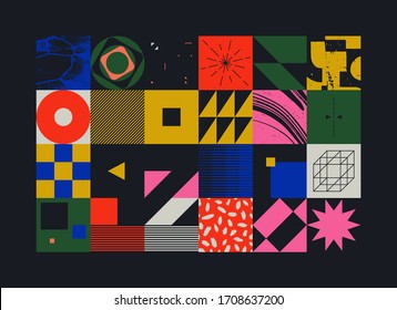 Geometric distress aesthetics in abstract pattern design. Brutalism inspired vector graphics collage made with simple geometric shapes and grunge texture, useful for poster art and digital prints.