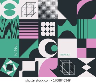 Estética de distrés geométrico en el diseño de patrones abstractos. Collage de gráficos vectoriales inspirado en el brutalismo, hecho con formas geométricas simples y textura gruesa, útil para el arte de póster y las impresiones digitales.