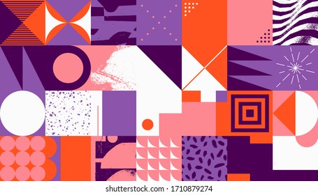 Geometric distress aesthetics in abstract pattern design. Brutalism inspired vector graphics collage made with simple geometric shapes and grunge texture, useful for poster art and digital prints.