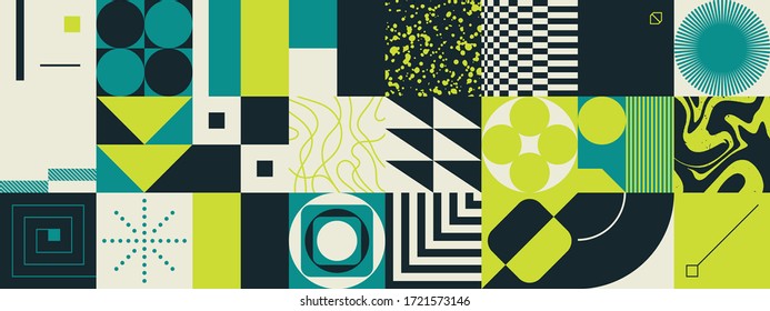 Geometric distress aesthetics in abstract pattern design. Brutalism inspired vector graphics collage made with simple geometric shapes and grunge texture, useful for poster art and digital prints.