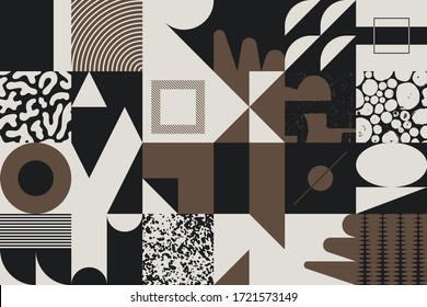Geometric distress aesthetics in abstract pattern design. Brutalism inspired vector graphics collage made with simple geometric shapes and grunge texture, useful for poster art and digital prints.