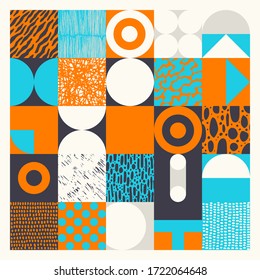 Geometric distress aesthetics in abstract pattern design. Brutalism inspired vector graphics collage made with simple geometric shapes and grunge texture 