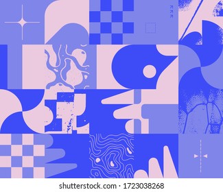 Estética de distrés geométrico en el diseño de patrones abstractos. Collage de gráficos vectoriales inspirado en el brutalismo, hecho con formas geométricas simples y textura gruesa, útil para el arte de póster y las impresiones digitales.