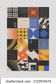 Geometric distress aesthetics in abstract pattern design. Brutalism inspired vector graphics collage made with simple geometric shapes and grunge texture, useful for poster art and digital prints.