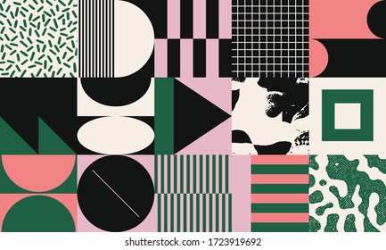 Geometric distress aesthetics in abstract pattern design. Brutalism inspired vector graphics collage made with simple geometric shapes and grunge texture, useful for poster art and digital prints.