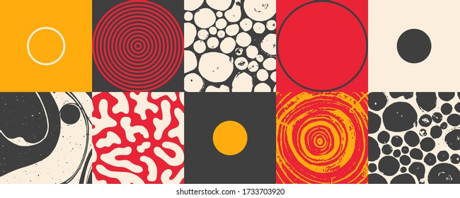 Geometric distress aesthetics in abstract pattern design. Brutalism inspired vector graphics collage made with simple geometric shapes and grunge texture, useful for poster art and digital prints.