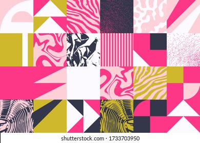 Geometric distress aesthetics in abstract pattern design. Brutalism inspired vector graphics collage made with simple geometric shapes and grunge texture, useful for poster art and digital prints.