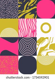 Geometric distress aesthetics in abstract pattern design. Brutalism inspired vector graphics collage made with simple geometric shapes and grunge texture, useful for poster art and digital prints.